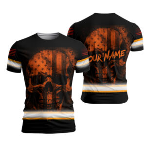 High Visibility Shirt With Custom Name And Orange Neon Skull USA Flag For Workers, Truckers, Skull Lovers