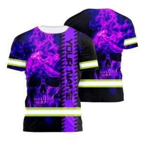 Hi Vis Safety Shirt With Bold Violet Neon Skull Fire And Your Name For Workwear