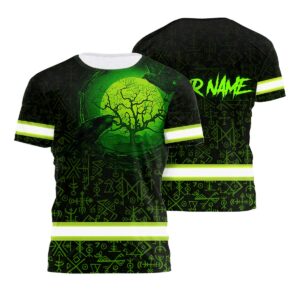 Hi Vis Safety Shirt With Tapes Viking Moon Raven Design In Green Neon Custom Name For Standout Workwear