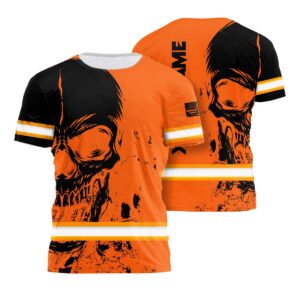 Hi Vis Shirts Reflective Tapes Orange Neon Skull Custom Name Safety Workwear For Runners, Truckers, Skull Lovers