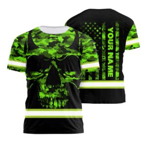 Hi Vis T Shirt US Flag Green Neon Camo Skull Custom Name Safety Workwear For Workers, Runners, Truckers, Skull Lovers