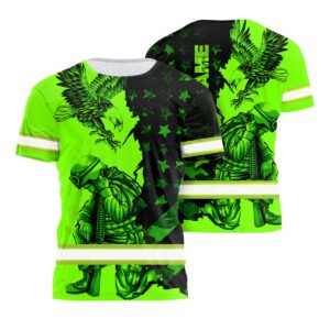 Hi Vis Shirt For Safety Workwear With Bold Veteran Military Style US Flag And Name Customization