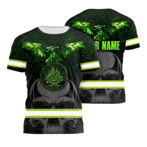 Custom Hi Vis Safety T Shirt Featuring Viking Skull Design With Raven Symbol Style