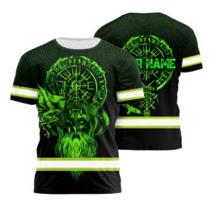 Bright Green Neon Viking Hi Vis T Shirt With Personalized Name For Workers, Runners, Truckers, Skull Lovers