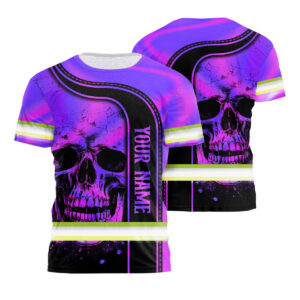 Hi Vis T Shirt Reflective Violet Neon Skull Custom Name Safety Workwear For Workers, Runners, Cyclists, Trucker, Operator, Patriotic, Skull Lovers
