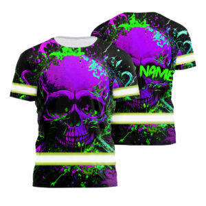 Premium Violet Neon Hi Vis Shirt Skull Safety Workwear - Custom Name
