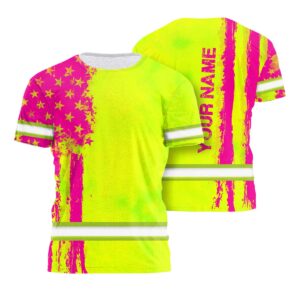 Hi Vis Shirt Yellow And Pink Neon US Flag Custom Name Safety Workwear For Workers Runners Patriotic