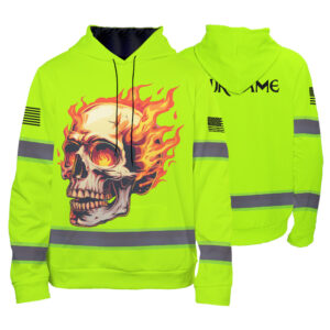 High Visibility Hoodie Green Reflective Skull Fire For Workers, Runners, Truckers, Skull Lovers