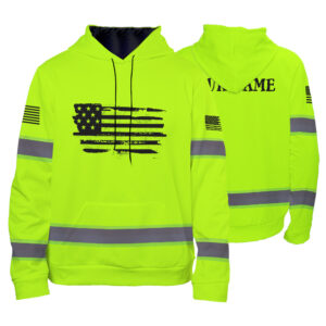 High Visibility Hoodie Green Neon Reflective US Flag Custom Name For Workers Runners Patriotic
