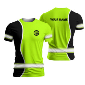 Hi Vis Work Shirt Black And Green Custom Company Name Logo Safety Workwear For Workers, Runners, Truckers
