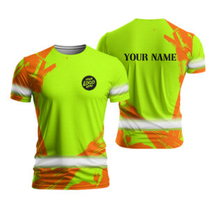 Hi Vis Work Shirt Green And Orange Custom Name, Logo Safety Workwear For Workers, Runners, Truckers