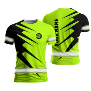 Hi Vis Work Shirt Black And Green Reflective Custom Name Logo Safety Workwear For Runners, Patriotic
