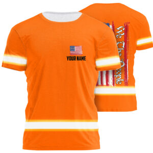 Orange Reflective Shirt Us Flag Custom Name Safety Workwear For Runners, Worker, Patriotic