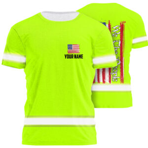 High Visibility Shirt Green Neon Reflective US Flag Customize Name For Runners, Worker, Patriotic