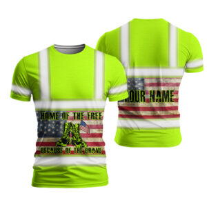 Hi Vis Work Shirt Green Reflective Us Flag Custom Name Safety Workwear For Runners, Truckers, Patriotic