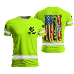 High Visibility Shirt Green Reflective Custom Name, Logo For Men, Runners, Worker, Patriotic