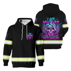 Hi Vis Hoodie Custom Name Reflective Skull I Am Who I Am Your Approval Isn't Needed Safety Workwear For Workers, Runners, Truckers, Patriotic, Skull Lovers
