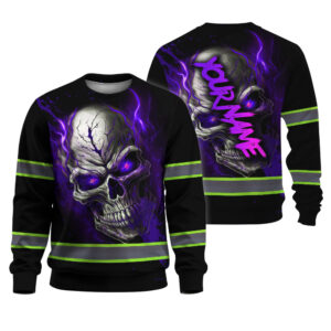 Hi Vis Shirts Long Sleeve Black Reflective Skull Violet Neon Safety Workwear For Skull Lovers