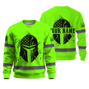 Hi Vis Long Sleeve Reflective Crack Skull US Flag Custom Name Safety Workwear For Runners, Truckers, Skull Lovers