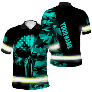 Custom Name Hi Vis Polo - Safety Workwear With Mint Neon Camo Skull US Flag