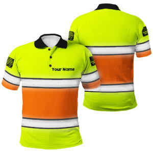 Hi Vis Polo Shirt Green Neon and Orange - Custom Name Safety Work Shirt