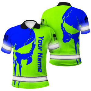 Custom Name Hi Vis Polo - Safety Shirt With Crack Blue Neon Skull Pattern Design