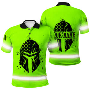 Hi Vis Green Neon Polo Shirt - Crack Spatar Skull US Flag Pattern And Custom Name