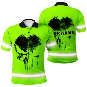 Green Neon Hi Vis Polo With Skull Vintage Design - Personalized Name