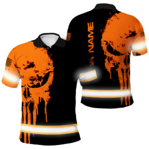 High Visibility Polo – Orange Neon Skull Vintage Style, Customizable Name