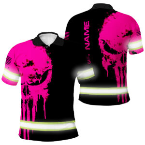 Hi Vis Polo Shirt With Vintage Pink Neon Skull Pattern - Custom Name