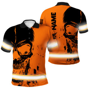 High Visibility Polo Shirt Reflective Tapes Orange Neon Skull Custom Name Safety Workwear For Runners, Truckers, Skull Lovers