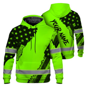 High Visibility Hoodie Reflective Green Neon Scratch US Flag Patriotic Custom Name Safety Workwear For Runners, Patriotic