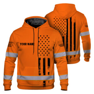 High Visibility Hoodie Orange Flag Custom Name Reflective Safety Workwear For Runners, Patriotic