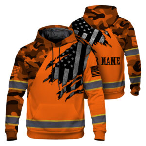 High Visibility Hoodie Reflective Camo Orange Neon Scratch US Flag Custom Name Safety Workwear