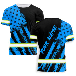 Hi Vis Shirt Reflective Tapes Blue Neon And Black US Flag For Workers, Runners, Cyclists, Patriotic