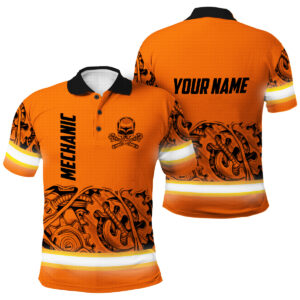 Custom Name Skull Mechanic Hi Vis Work Polo - Orange Reflective Gear