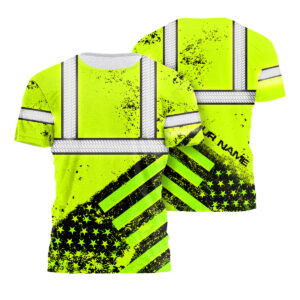 Hi Vis Shirt Reflective Tapes Yellow Neon USA Flag Safety Workwear For Workers, Runners, Cyclists, Patriotic