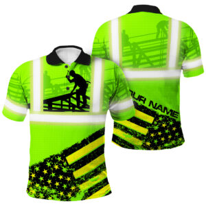 Custom Roofer Safety Polo - US Flag Pattern Green Neon Hi Vis Shirt