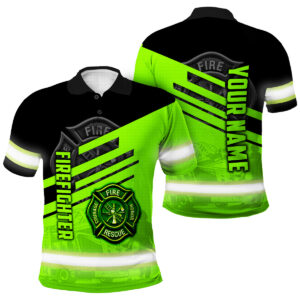 Hi Vis Polo Shirt Reflective Tapes Green Neon Firefighter Custom Name Safety Workwear For Firefighter, Fireman, Cyclists