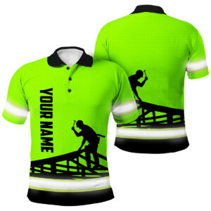 Hi Vis Green Neon Polo Shirt with Roofer Pattern - Custom Name Workwear
