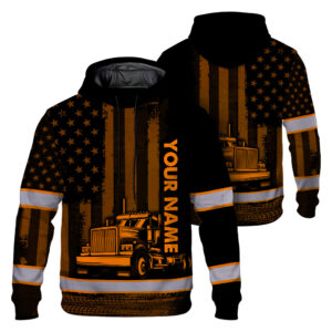 Hi Vis Hoodie JOB Reflective Orange Neon Semi Truck Driver Custom Name Safety Workwear For Workers, Truckers, Cyclists, Patriotic