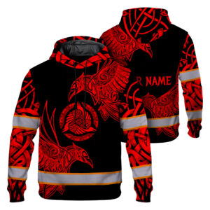 Hi Vis Hoodie Reflective Red Neon Viking Symbol Custom Name Safety Workwear For Workers, Runners, Cyclists