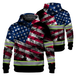 Hi Vis Hoodie Reflective Smoke USA Flag Red Blue Safety Workwear For Workers, Runners, Truckers, Patriotic