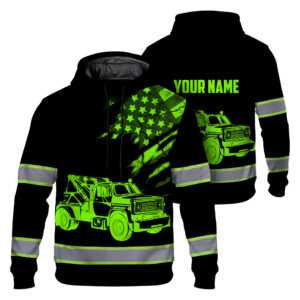 Hi Vis Hoodie Reflective Tapes Black Tow Truck Driver Custom Name Safety Workwear For Truckers, Runners, Cyclists