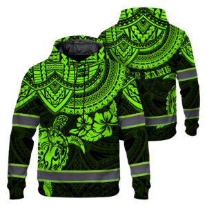 Hi Vis Hoodie Reflective Tapes Green Turtle Flower Hawaiian Polynesian Tribal Custom Name Safety Workwear For Workers, Runners, Cyclists