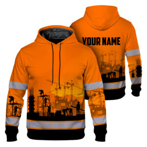 Hi Vis Hoodie Reflective Tapes Orange Ironworker Custom Name Safety Workwear For Workers, Truckers, Cyclists