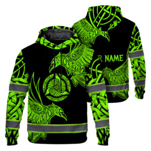 Hi Vis Hoodie Reflective Tapes Viking Symbol Green Neon Custom Name Safety Workwear For Workers, Runners, Cyclists