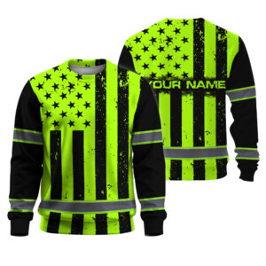Hi Vis Shirts Long Sleeve Reflective Black Green USA Flag Custom Name Safety Workwear