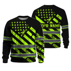 Hi Vis Long Sleeve Shirts Reflective Green Neon Flag Custom Name Safety Workwear For Workers, Truckers, Cyclists, Patriotic