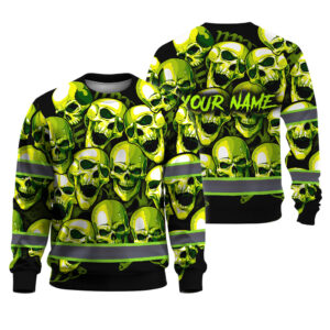 Hi Vis Long Sleeve Shirts Reflective Green Neon Skull Custom Name Safety Workwear